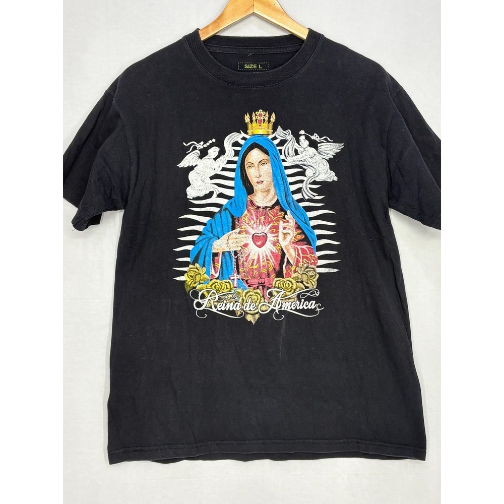 Reina de America T-Shirt Mens Black Lady of Guadalupe Large Vintage Sport Fine